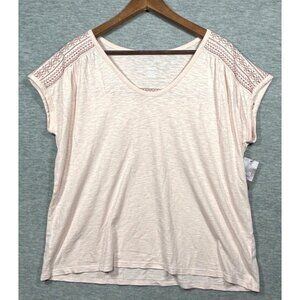 Pure J Jill Banded Embroidered Tee‎ M Pink V-Neck Boho Casual